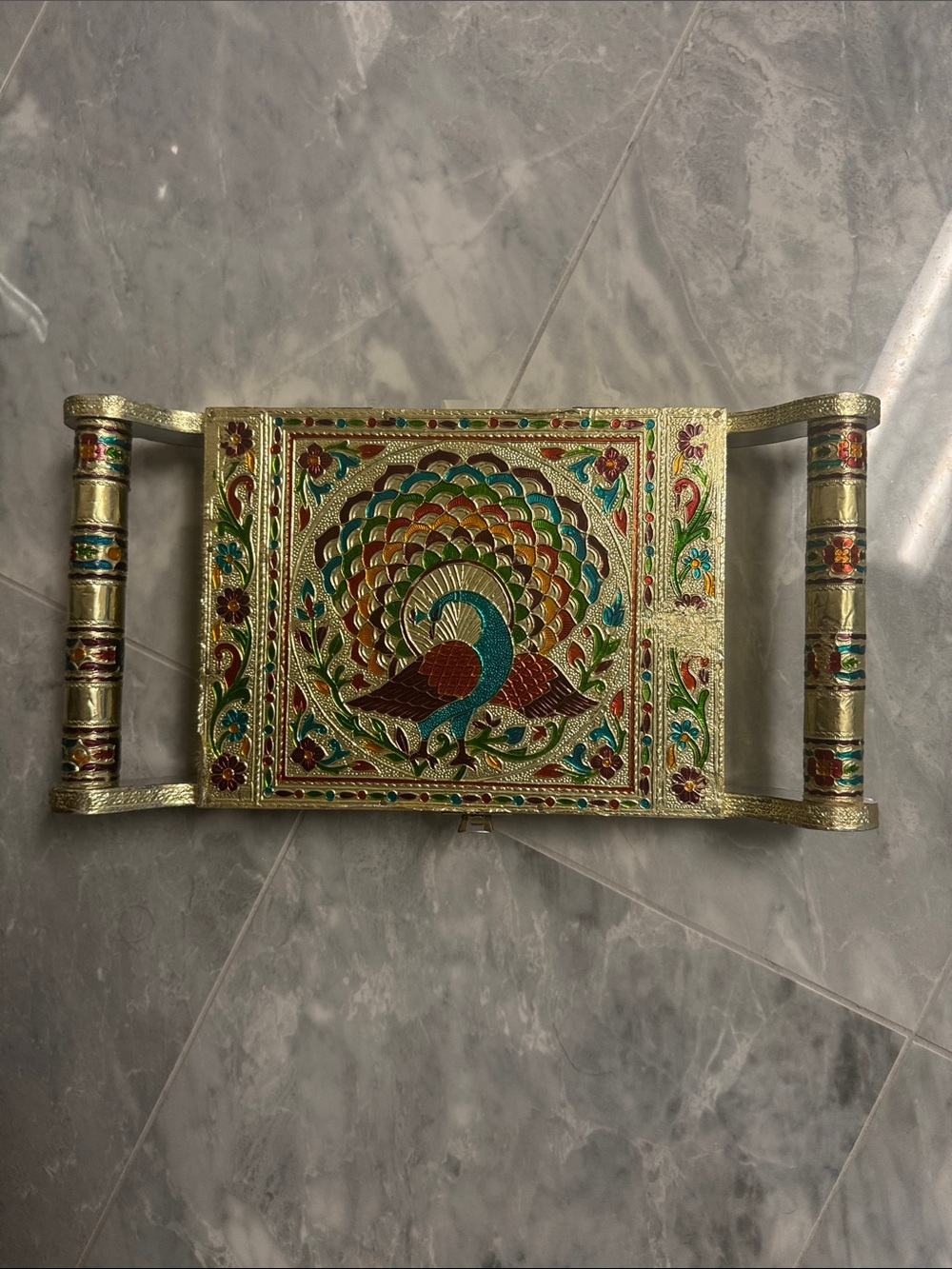 Hand-Painted Peacock Decorative Serving Tray in Gold and Multicolor